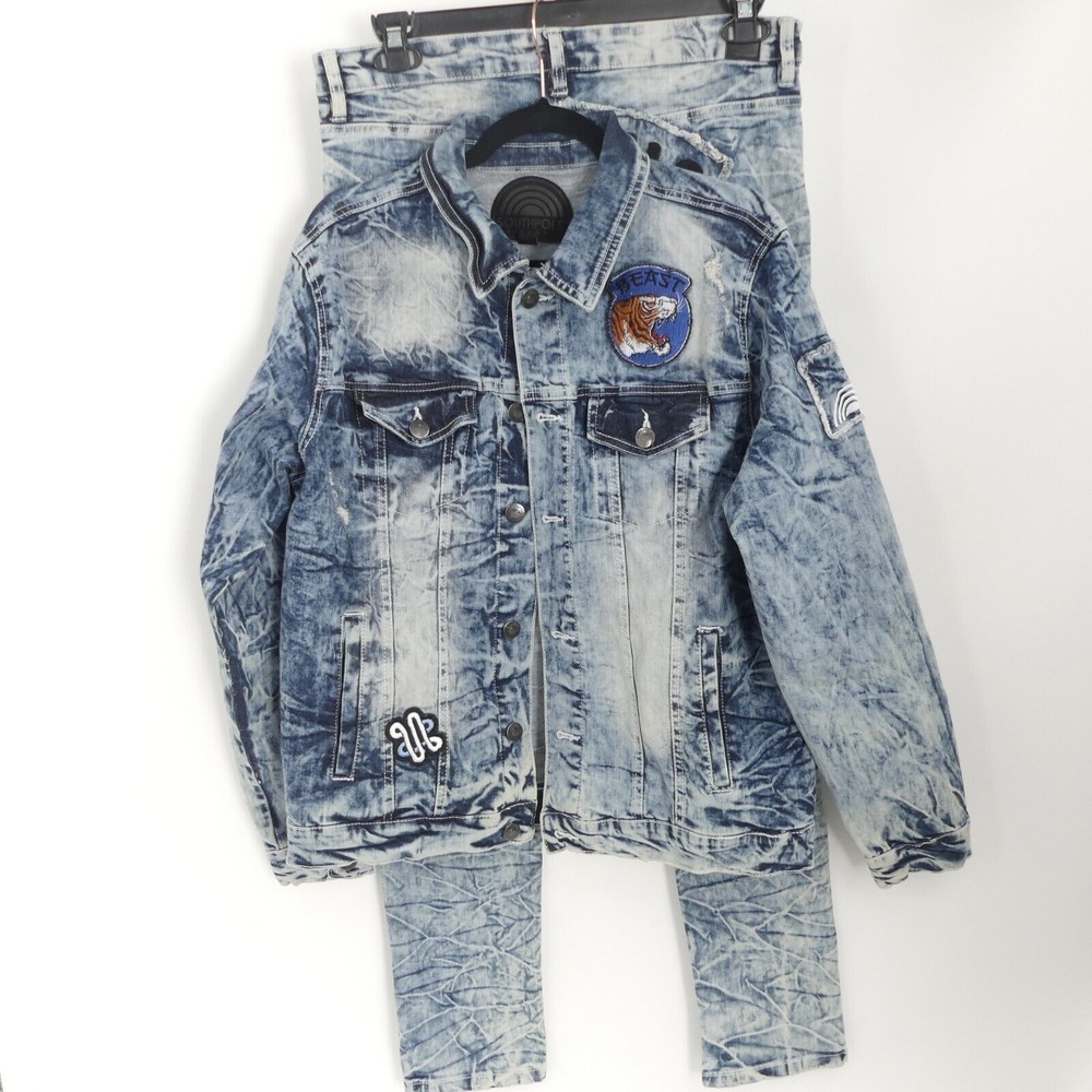 Southpole Originals Tiger Applique Jean Jacket Jeans Set Large 34x32 Skinny Fit